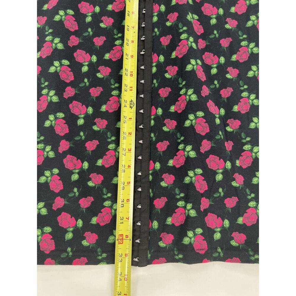Betsy Johnson Rose Print Bodycon Dress Small Black Pink Floral Puff Sleeve Midi - Picture 7 of 13